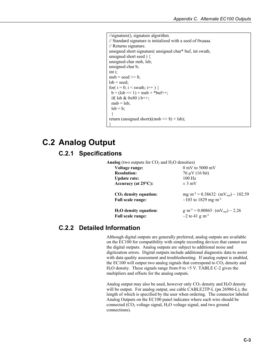 C.2 analog output, C.2.1 specifications, C.2.2 detailed information | C.2.1, C.2.2 | Campbell Scientific EC150 CO2 and H2O Open-Path Gas Analyzer and EC100 Electronics with Optional CSAT3A 3D Sonic Anemometer User Manual | Page 67 / 86