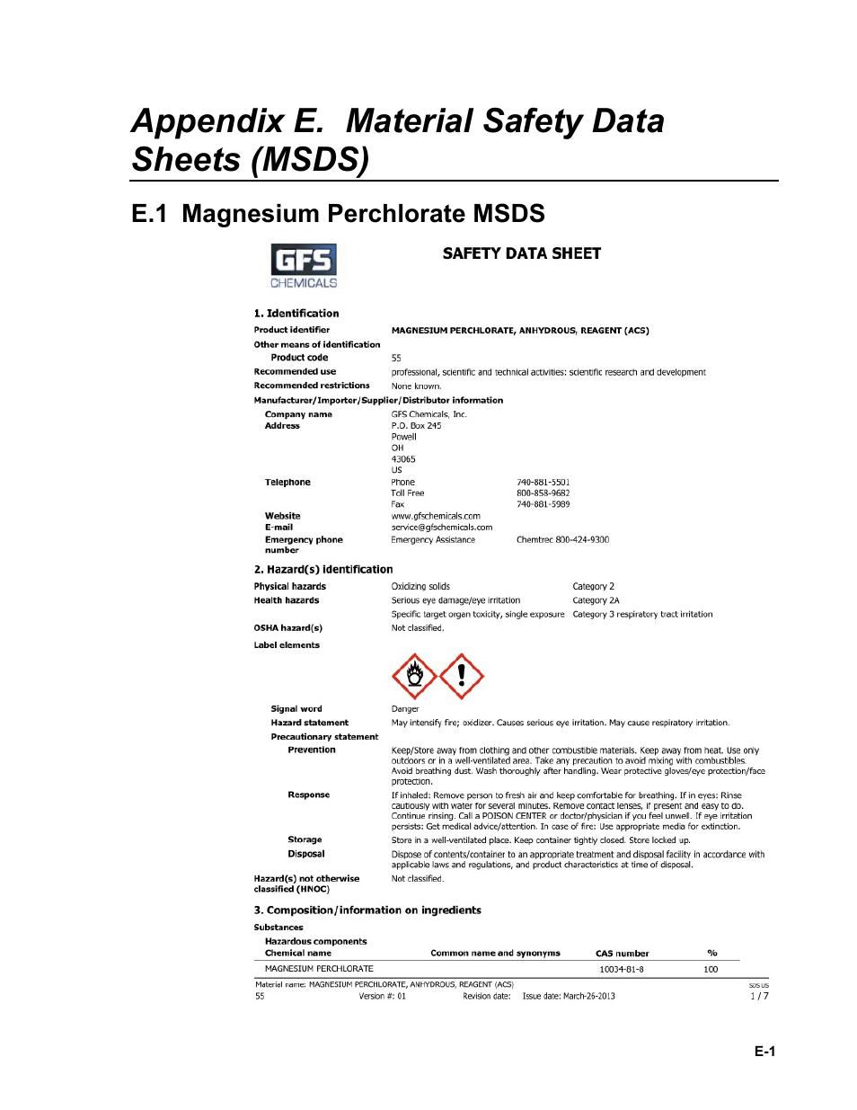 Appendix e. material safety data sheets (msds), E.1 magnesium perchlorate msds, Appendix e | Campbell Scientific EC150 CO2 and H2O Open-Path Gas Analyzer and EC100 Electronics with Optional CSAT3A 3D Sonic Anemometer User Manual | Page 73 / 86