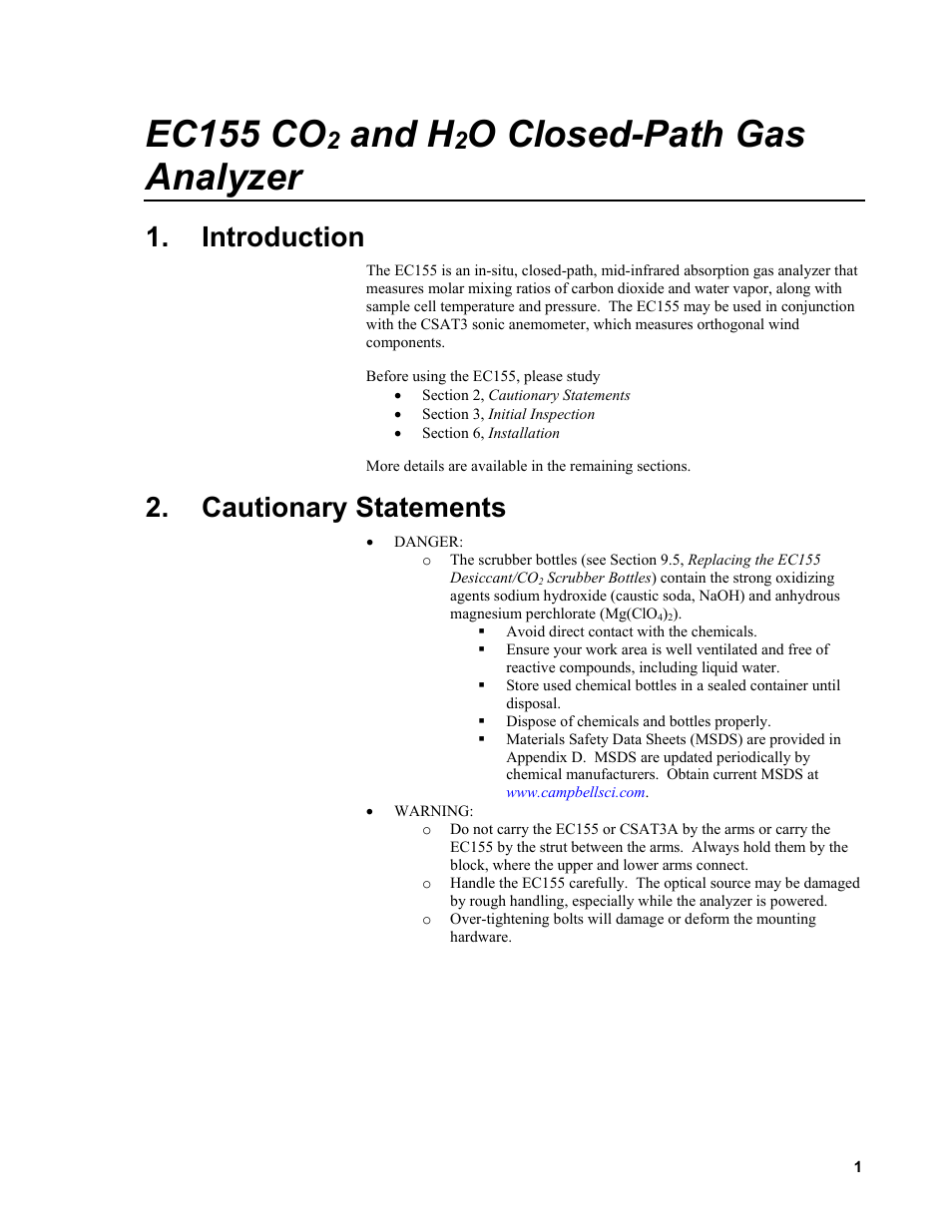 Introduction, Cautionary statements, Ec155 co | And h, O closed-path gas analyzer | Campbell Scientific EC155 CO2 and H2O Closed-Path Gas Analyzer and EC100 Electronics with Optional CSAT3A 3D Sonic Anemometer User Manual | Page 11 / 70