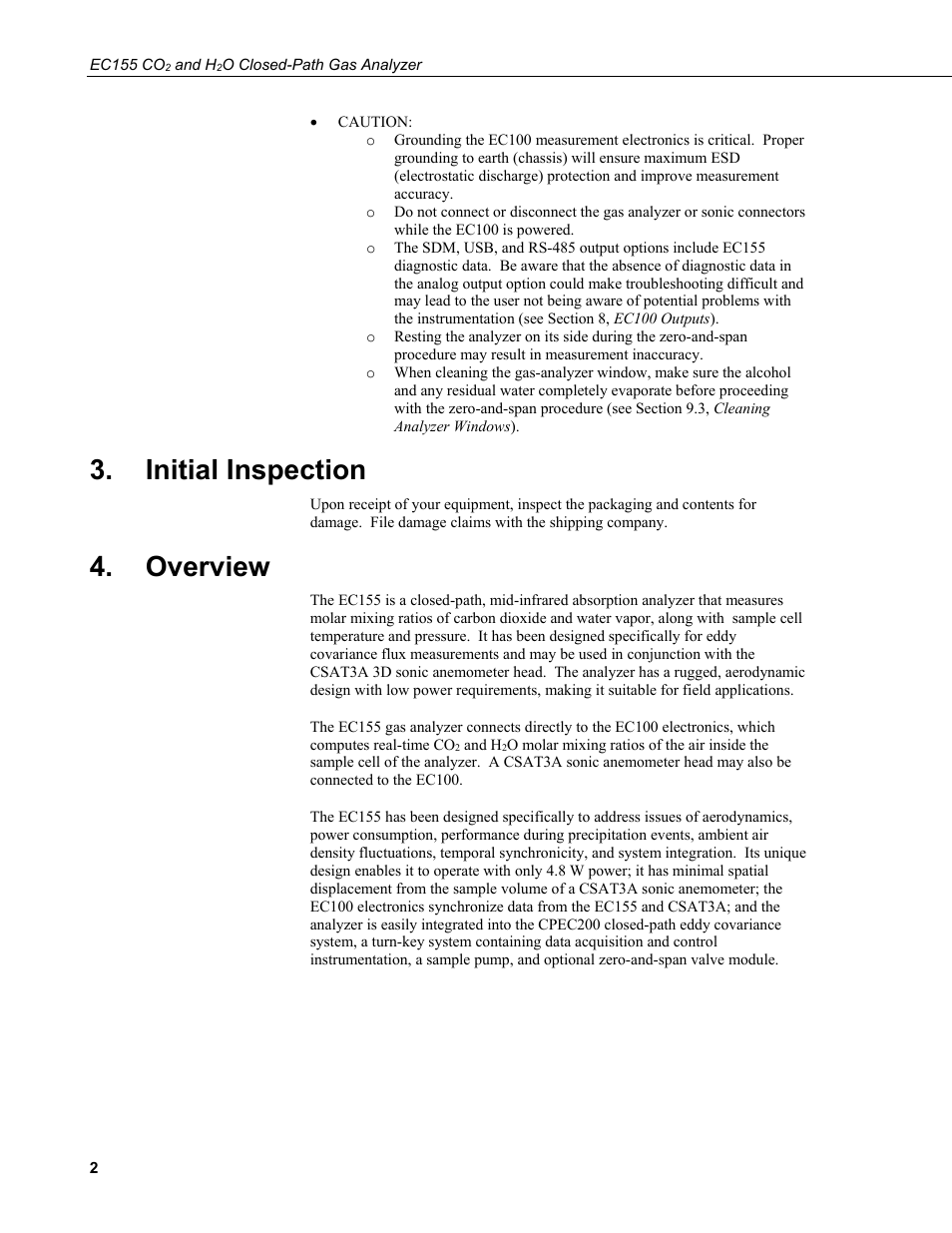 Initial inspection, Overview | Campbell Scientific EC155 CO2 and H2O Closed-Path Gas Analyzer and EC100 Electronics with Optional CSAT3A 3D Sonic Anemometer User Manual | Page 12 / 70