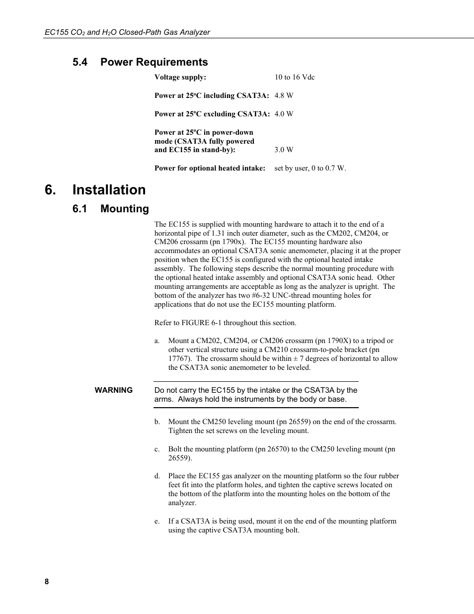 4 power requirements, Installation, 1 mounting | Power requirements, Mounting | Campbell Scientific EC155 CO2 and H2O Closed-Path Gas Analyzer and EC100 Electronics with Optional CSAT3A 3D Sonic Anemometer User Manual | Page 18 / 70