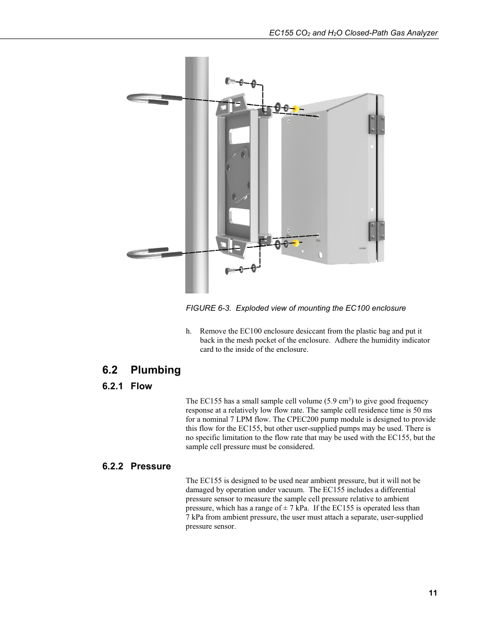2 plumbing, 1 flow, 2 pressure | Plumbing, Flow, Pressure, 3. exploded view of mounting the ec100 enclosure | Campbell Scientific EC155 CO2 and H2O Closed-Path Gas Analyzer and EC100 Electronics with Optional CSAT3A 3D Sonic Anemometer User Manual | Page 21 / 70
