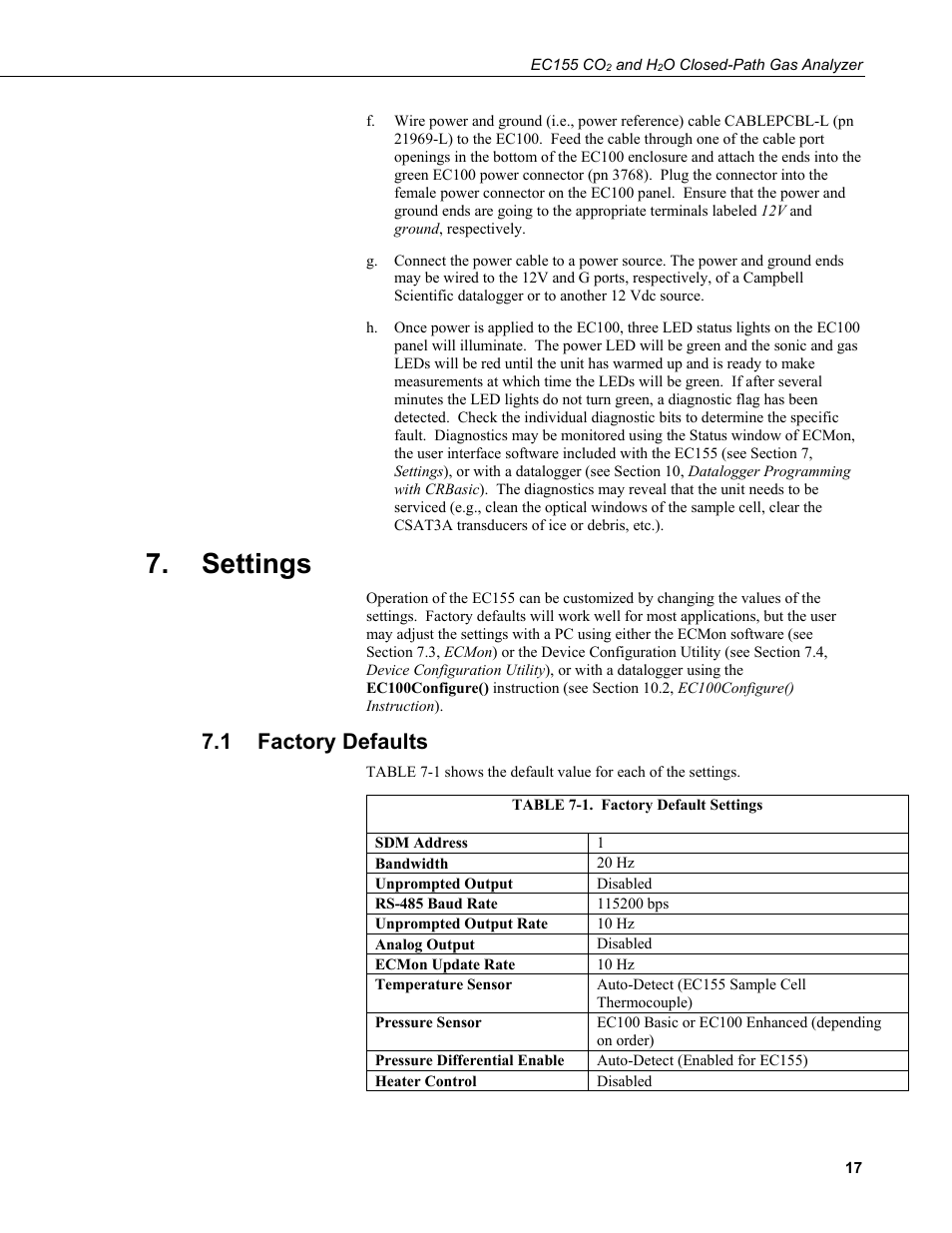 Settings, 1 factory defaults, Factory defaults | 1. factory default settings | Campbell Scientific EC155 CO2 and H2O Closed-Path Gas Analyzer and EC100 Electronics with Optional CSAT3A 3D Sonic Anemometer User Manual | Page 27 / 70