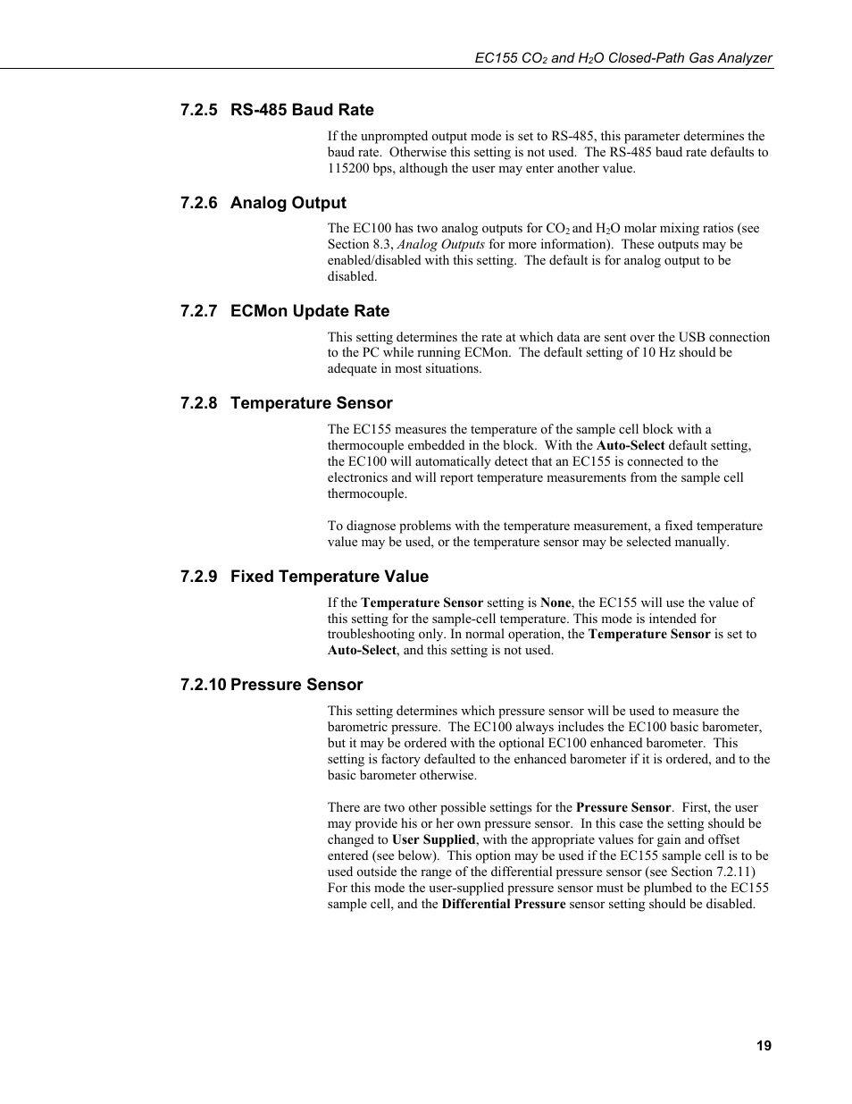 5 rs-485 baud rate, 6 analog output, 7 ecmon update rate | 8 temperature sensor, 9 fixed temperature value, 10 pressure sensor, Rs-485 baud rate, Analog output, Ecmon update rate, Temperature sensor | Campbell Scientific EC155 CO2 and H2O Closed-Path Gas Analyzer and EC100 Electronics with Optional CSAT3A 3D Sonic Anemometer User Manual | Page 29 / 70