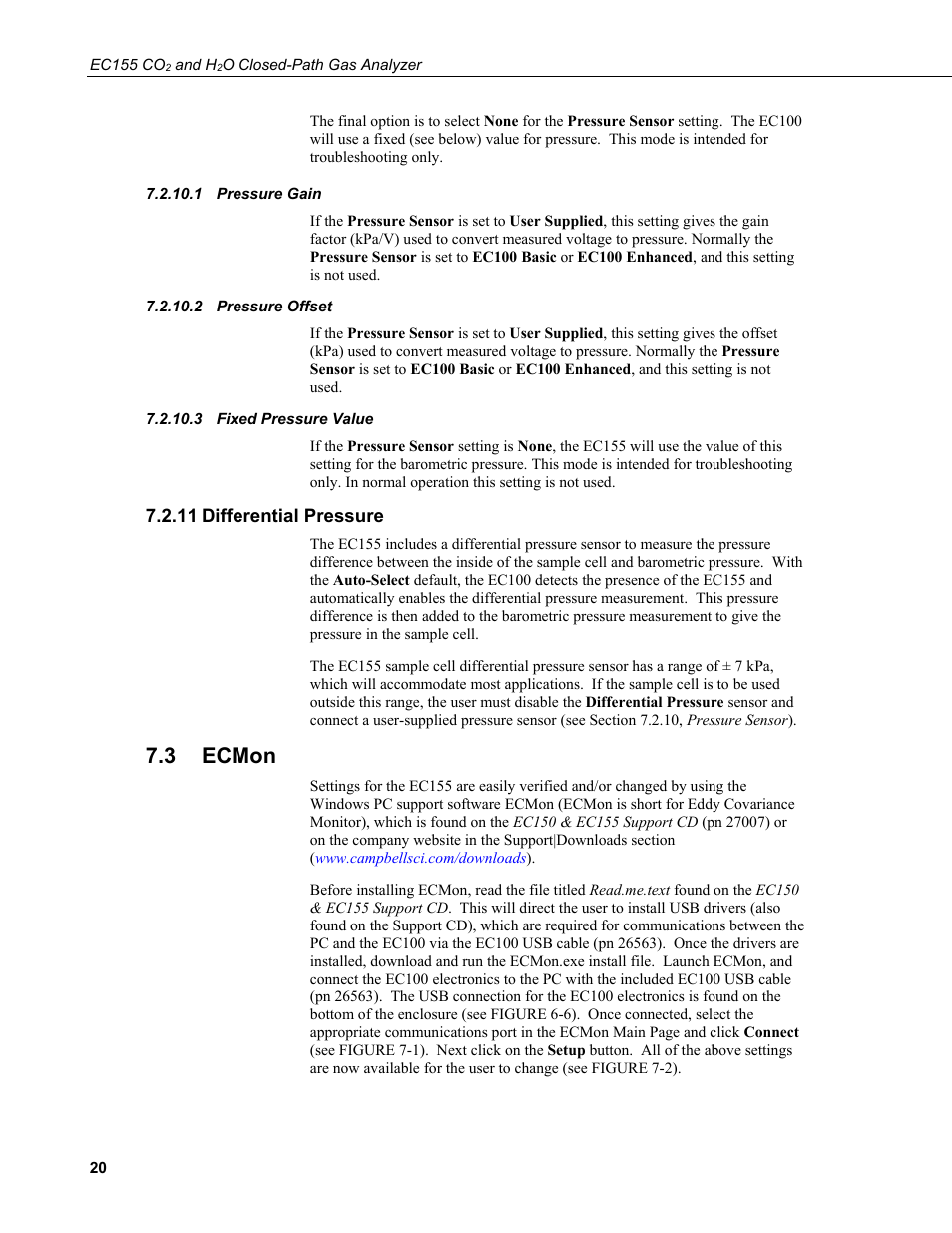 1 pressure gain, 2 pressure offset, 3 fixed pressure value | 11 differential pressure, 3 ecmon, Pressure gain, Pressure offset, Fixed pressure value, Differential pressure, Ecmon | Campbell Scientific EC155 CO2 and H2O Closed-Path Gas Analyzer and EC100 Electronics with Optional CSAT3A 3D Sonic Anemometer User Manual | Page 30 / 70