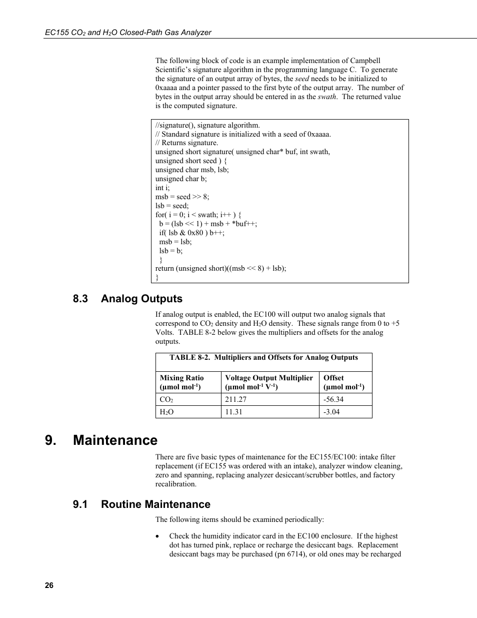 3 analog outputs, Maintenance, 1 routine maintenance | Analog outputs, Routine maintenance, 2. multipliers and offsets for analog outputs | Campbell Scientific EC155 CO2 and H2O Closed-Path Gas Analyzer and EC100 Electronics with Optional CSAT3A 3D Sonic Anemometer User Manual | Page 36 / 70