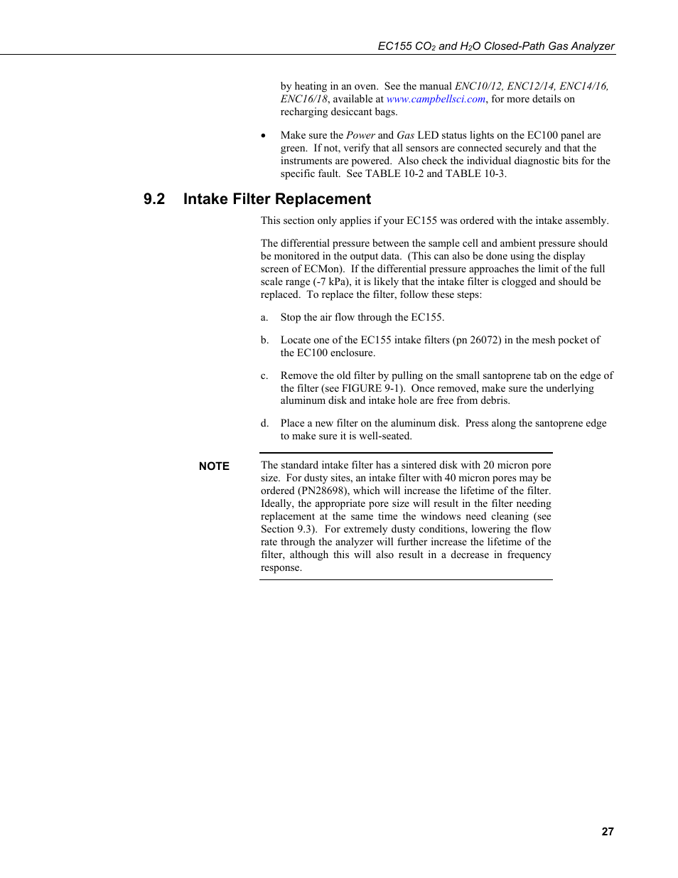 2 intake filter replacement, Intake filter replacement | Campbell Scientific EC155 CO2 and H2O Closed-Path Gas Analyzer and EC100 Electronics with Optional CSAT3A 3D Sonic Anemometer User Manual | Page 37 / 70
