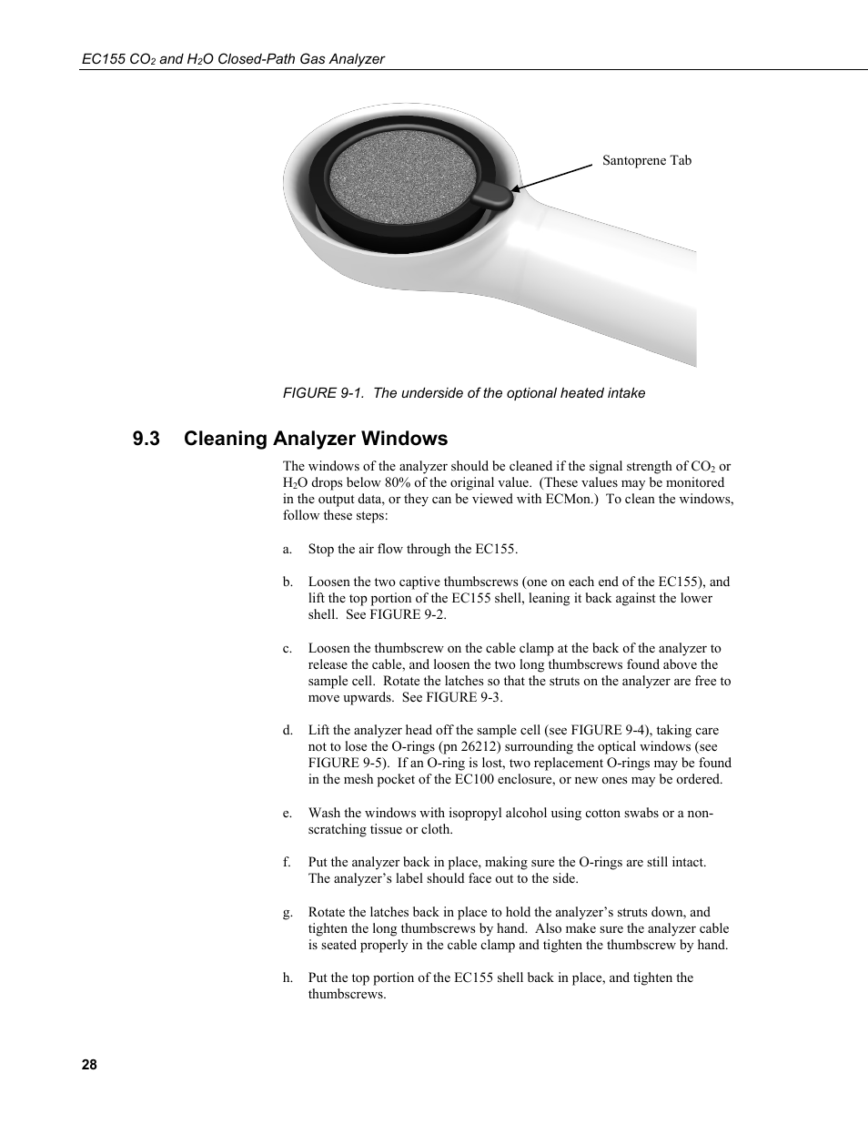 3 cleaning analyzer windows, Cleaning analyzer windows, 1. the underside of the optional heated intake | Figure 9-1) | Campbell Scientific EC155 CO2 and H2O Closed-Path Gas Analyzer and EC100 Electronics with Optional CSAT3A 3D Sonic Anemometer User Manual | Page 38 / 70