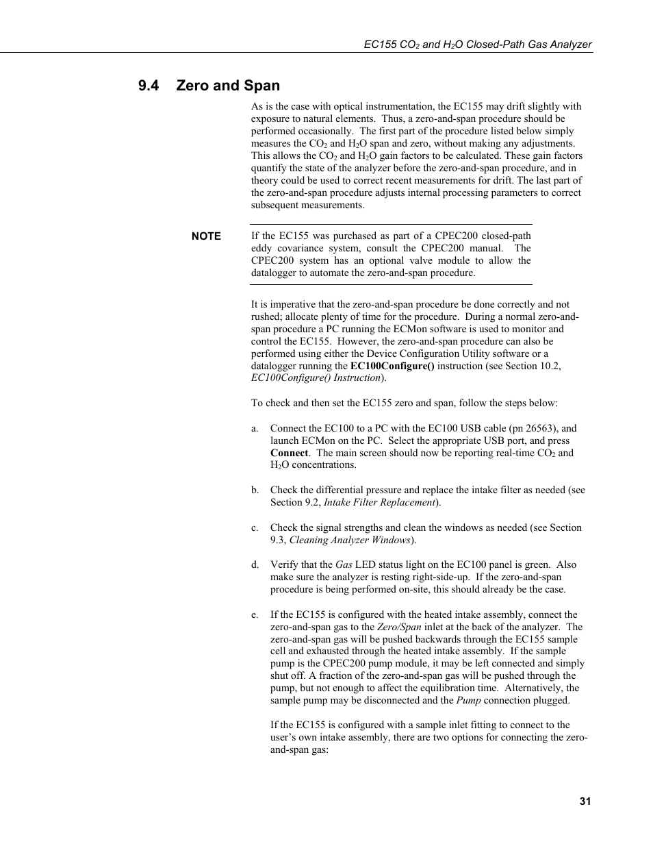 4 zero and span, Zero and span | Campbell Scientific EC155 CO2 and H2O Closed-Path Gas Analyzer and EC100 Electronics with Optional CSAT3A 3D Sonic Anemometer User Manual | Page 41 / 70