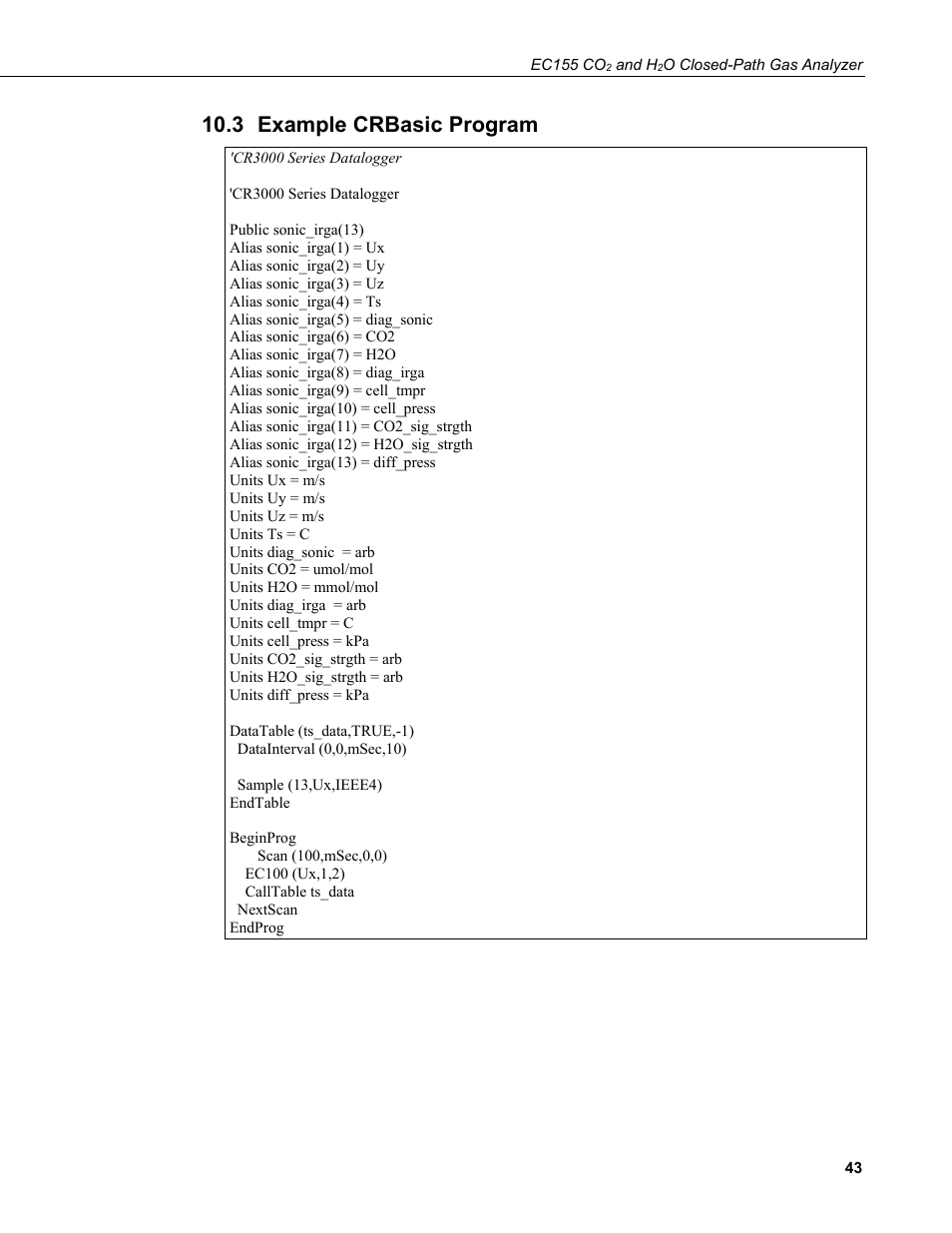 3 example crbasic program, Example crbasic program | Campbell Scientific EC155 CO2 and H2O Closed-Path Gas Analyzer and EC100 Electronics with Optional CSAT3A 3D Sonic Anemometer User Manual | Page 53 / 70