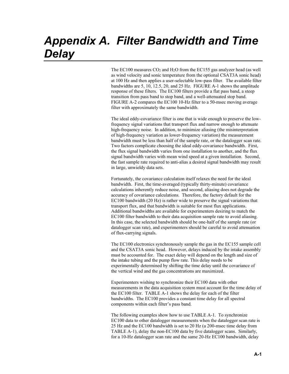 Appendix a. filter bandwidth and time delay | Campbell Scientific EC155 CO2 and H2O Closed-Path Gas Analyzer and EC100 Electronics with Optional CSAT3A 3D Sonic Anemometer User Manual | Page 55 / 70