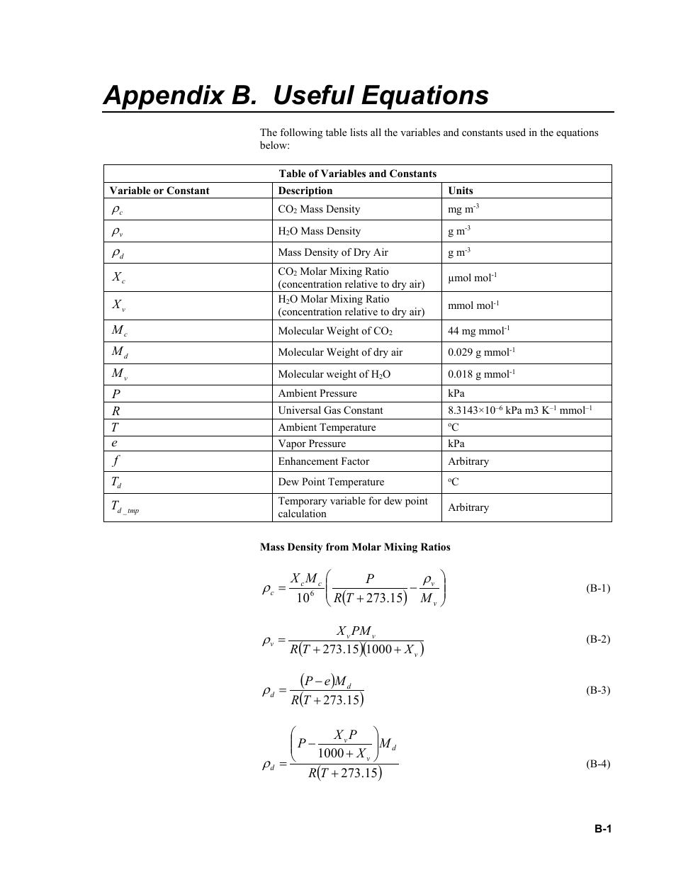 Appendix b. useful equations | Campbell Scientific EC155 CO2 and H2O Closed-Path Gas Analyzer and EC100 Electronics with Optional CSAT3A 3D Sonic Anemometer User Manual | Page 59 / 70