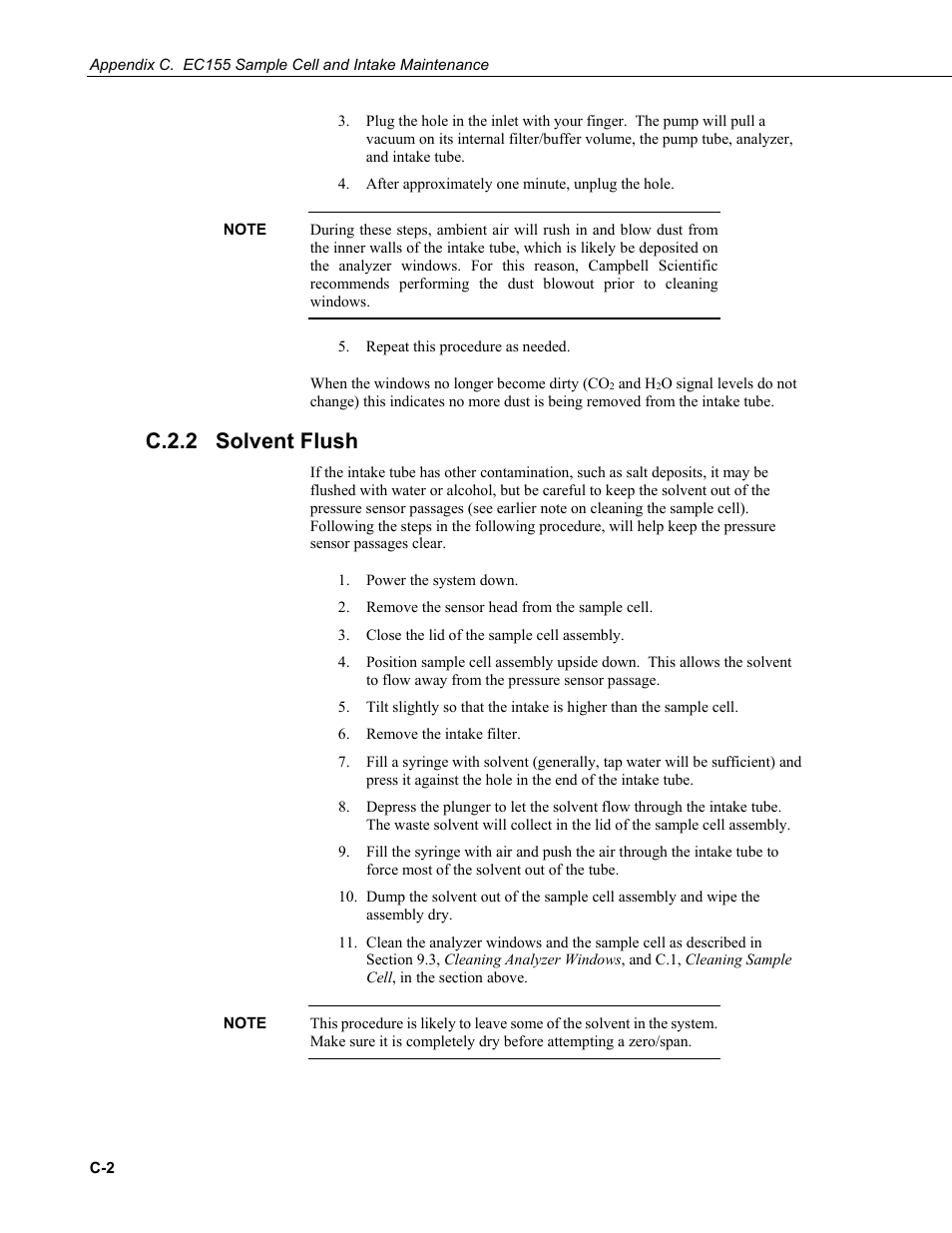 C.2.2 solvent flush, C.2.2 | Campbell Scientific EC155 CO2 and H2O Closed-Path Gas Analyzer and EC100 Electronics with Optional CSAT3A 3D Sonic Anemometer User Manual | Page 62 / 70