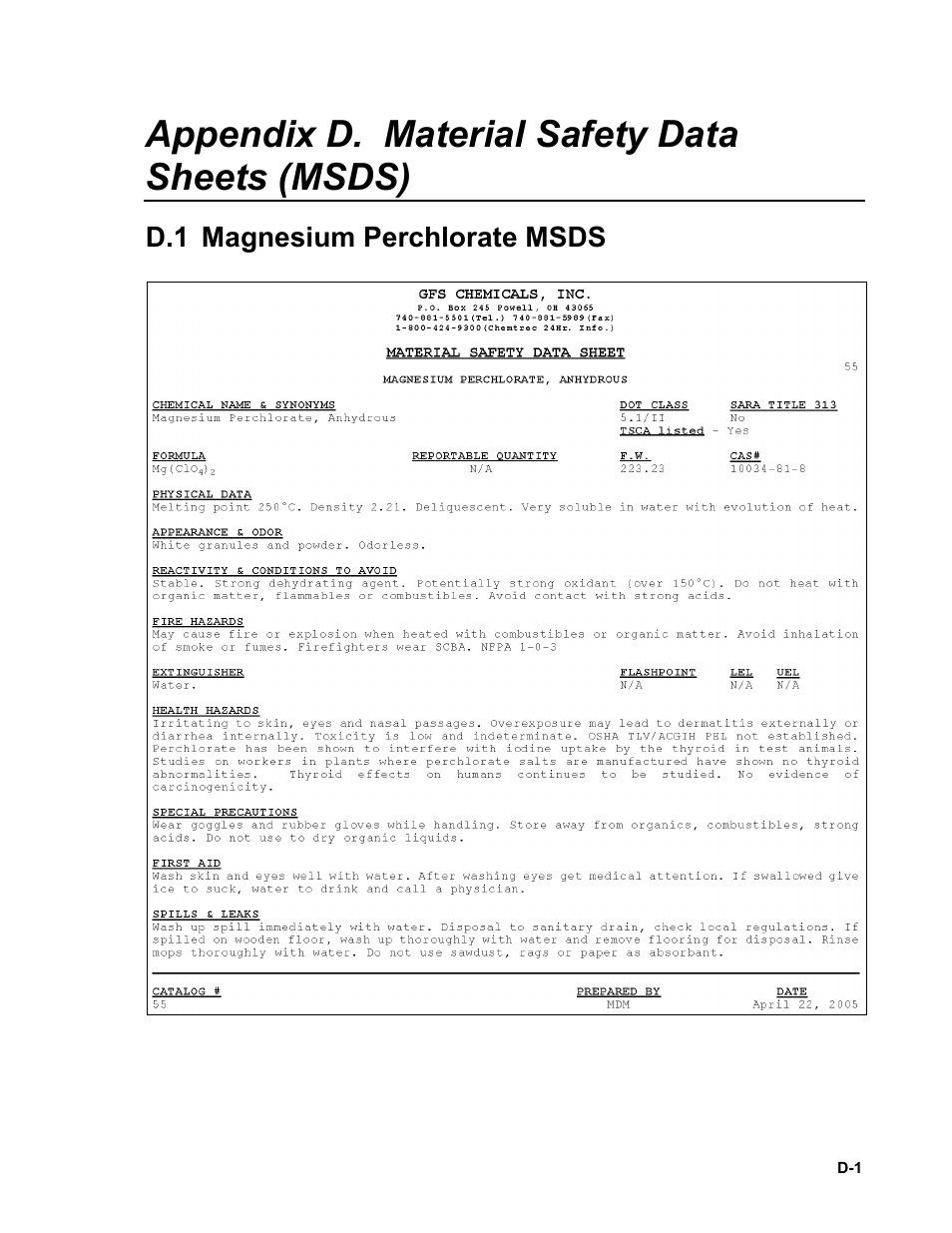 Appendix d. material safety data sheets (msds), D.1 magnesium perchlorate msds, Appendix d | Campbell Scientific EC155 CO2 and H2O Closed-Path Gas Analyzer and EC100 Electronics with Optional CSAT3A 3D Sonic Anemometer User Manual | Page 63 / 70