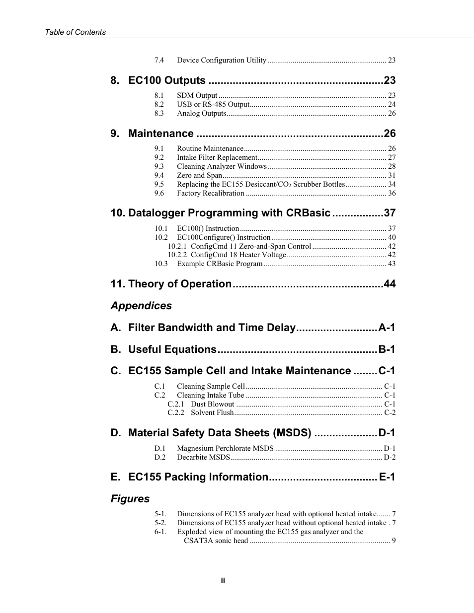 Ec100 outputs, Maintenance, Datalogger programming with crbasic | Theory of operation, Appendices a, Figures | Campbell Scientific EC155 CO2 and H2O Closed-Path Gas Analyzer and EC100 Electronics with Optional CSAT3A 3D Sonic Anemometer User Manual | Page 8 / 70