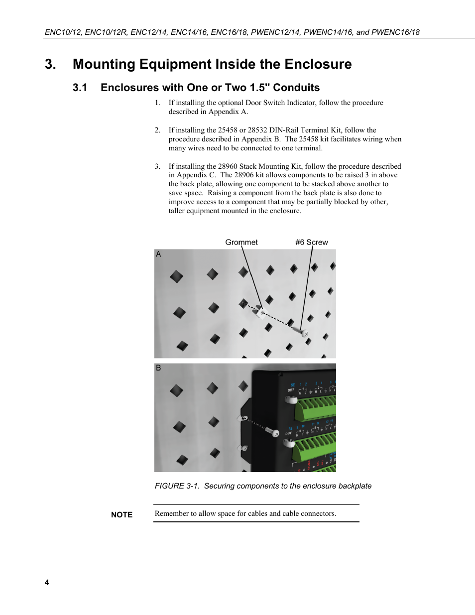Mounting equipment inside the enclosure, 1 enclosures with one or two 1.5" conduits, Enclosures with one or two 1.5" conduits | 1. securing components to the enclosure backplate | Campbell Scientific ENC10/12, ENC12/14, ENC14/16, ENC16/18 Enclosures User Manual | Page 10 / 48