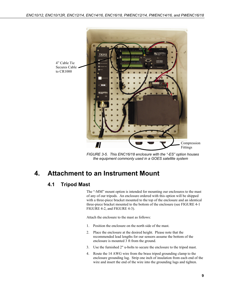 Attachment to an instrument mount, 1 tripod mast, Tripod mast | Equipment commonly used in a goes satellite system | Campbell Scientific ENC10/12, ENC12/14, ENC14/16, ENC16/18 Enclosures User Manual | Page 15 / 48