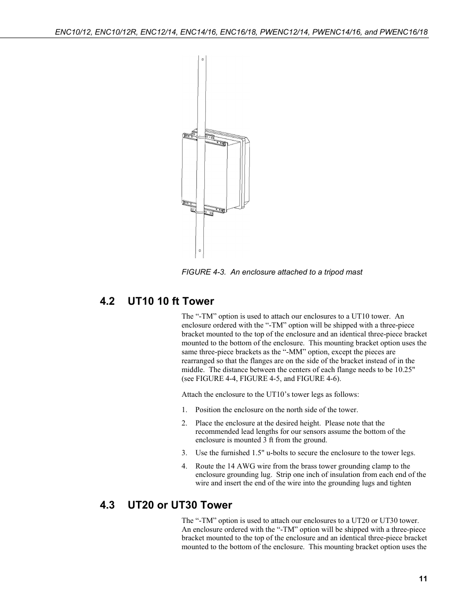 2 ut10 10 ft tower, 3 ut20 or ut30 tower, Ut10 10 ft tower | Ut20 or ut30 tower, 3. an enclosure attached to a tripod mast | Campbell Scientific ENC10/12, ENC12/14, ENC14/16, ENC16/18 Enclosures User Manual | Page 17 / 48