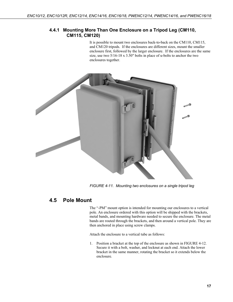 5 pole mount, Mounting more than one enclosure on a tripod leg, Cm110, cm115, cm120) | Pole mount, 11. mounting, Enclosures, On a single tripod leg | Campbell Scientific ENC10/12, ENC12/14, ENC14/16, ENC16/18 Enclosures User Manual | Page 23 / 48