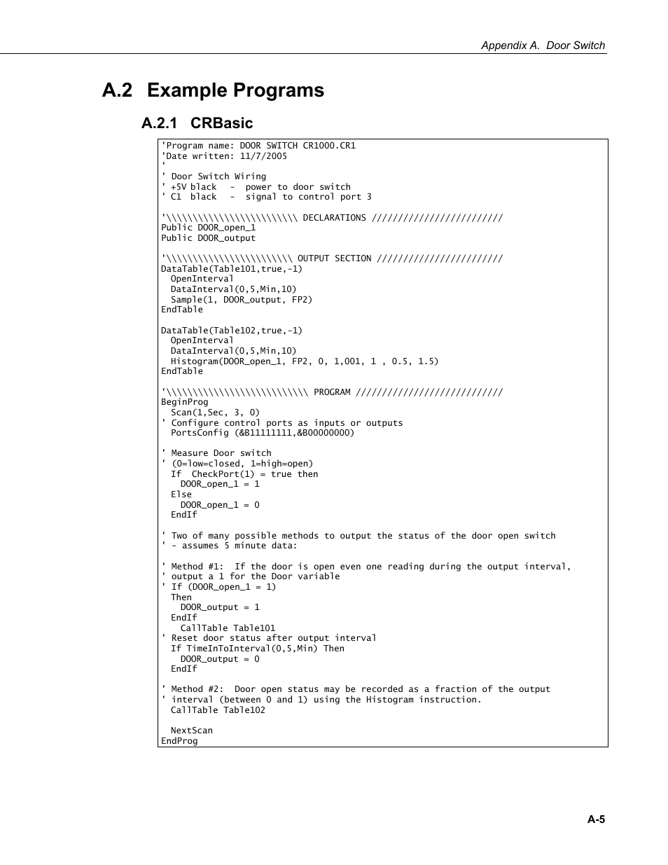 A.2 example programs, A.2.1 crbasic, A.2.1 | Campbell Scientific ENC10/12, ENC12/14, ENC14/16, ENC16/18 Enclosures User Manual | Page 33 / 48