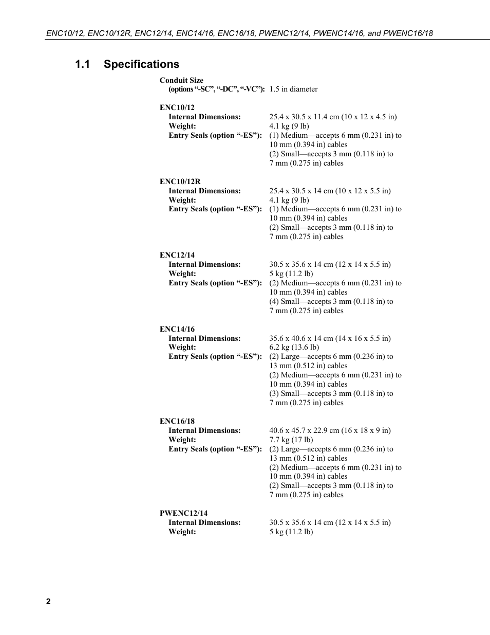 1 specifications, Specifications | Campbell Scientific ENC10/12, ENC12/14, ENC14/16, ENC16/18 Enclosures User Manual | Page 8 / 48