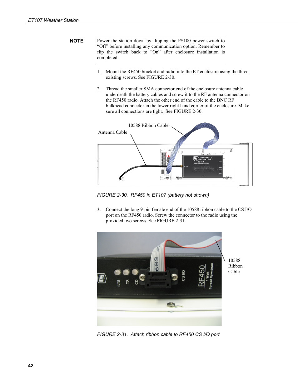 30. rf450 in et107 (battery not shown), 31. attach ribbon cable to rf450 cs i/o port | Campbell Scientific ET107 Evapotranspiration Monitoring Station User Manual | Page 52 / 114