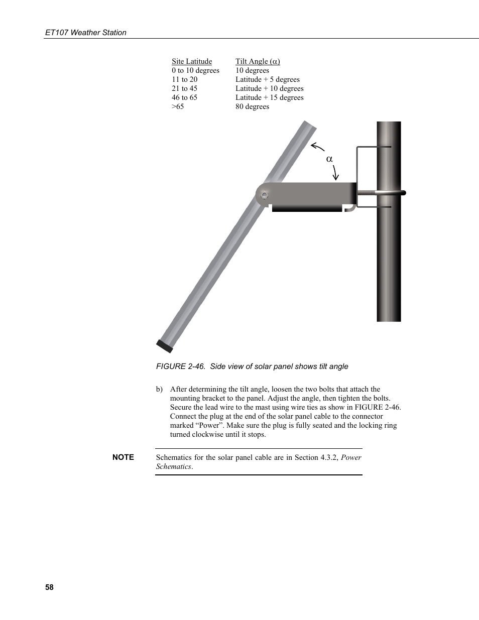 46. side view of solar panel shows tilt angle | Campbell Scientific ET107 Evapotranspiration Monitoring Station User Manual | Page 68 / 114