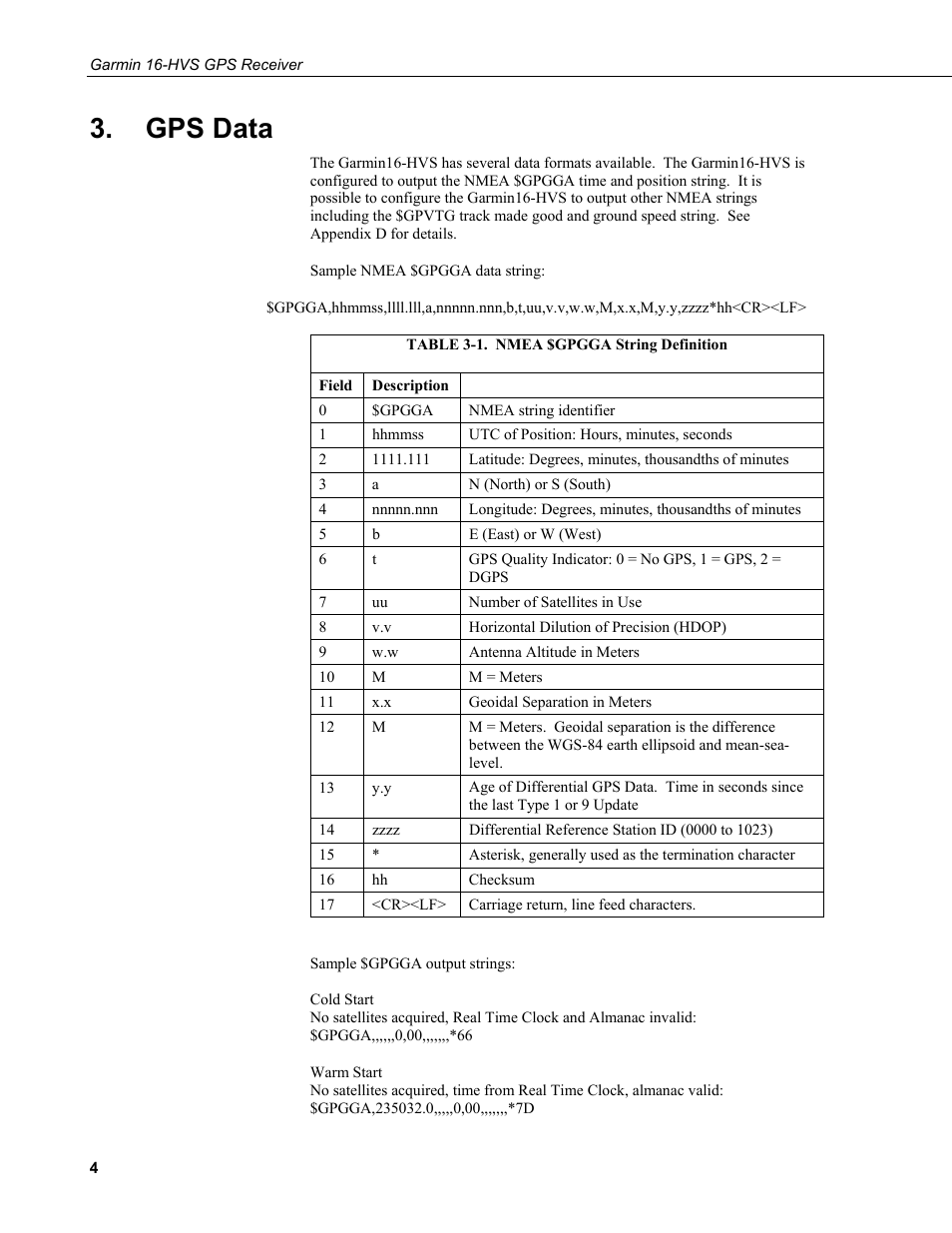 Gps data, 1. nmea $gpgga string definition | Campbell Scientific GPS16-HVS Garmin GPS Receiver User Manual | Page 10 / 32