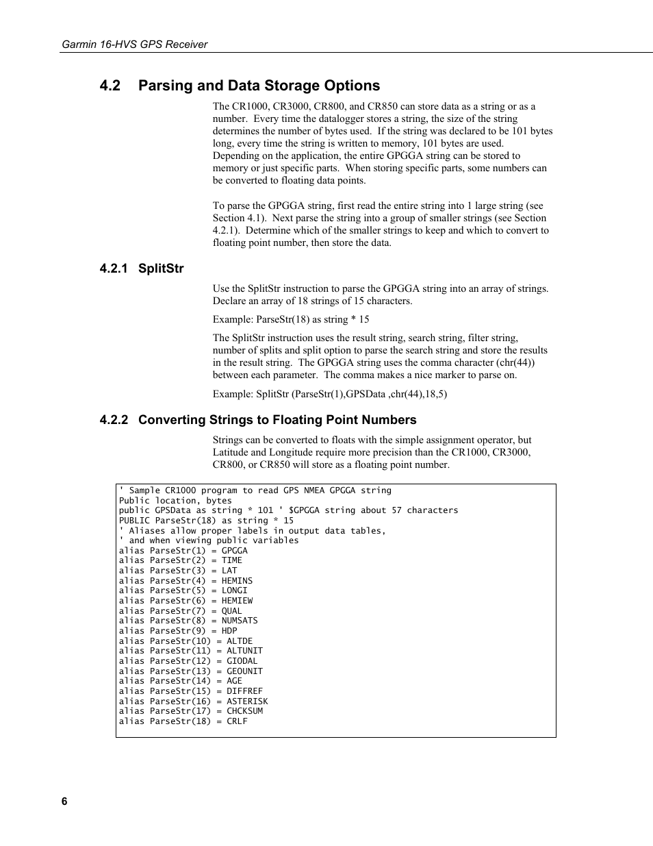 2 parsing and data storage options, 1 splitstr, 2 converting strings to floating point numbers | Parsing and data storage options, Splitstr, Converting strings to floating point numbers | Campbell Scientific GPS16-HVS Garmin GPS Receiver User Manual | Page 12 / 32