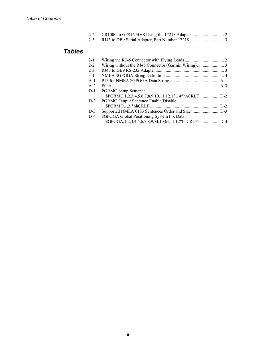 Tables | Campbell Scientific GPS16-HVS Garmin GPS Receiver User Manual | Page 6 / 32