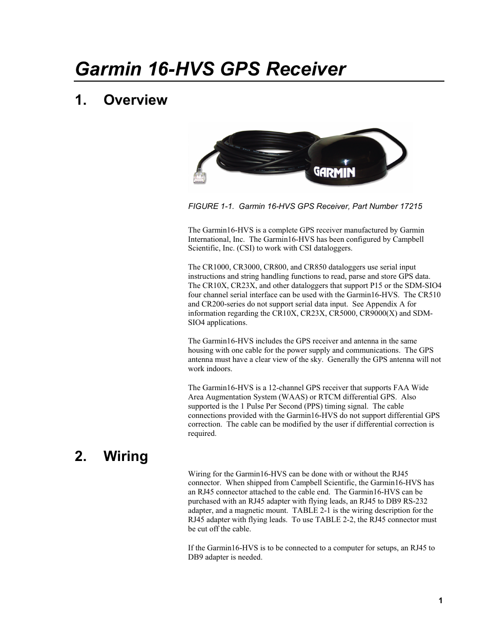 Overview, Wiring, 1. garmin 16-hvs gps receiver, part number 17215 | Garmin 16-hvs gps receiver | Campbell Scientific GPS16-HVS Garmin GPS Receiver User Manual | Page 7 / 32