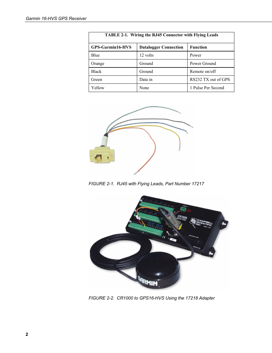1. rj45 with flying leads, part number 17217, 2. cr1000 to gps16-hvs using the 17218 adapter, 1. wiring the rj45 connector with flying leads | Campbell Scientific GPS16-HVS Garmin GPS Receiver User Manual | Page 8 / 32