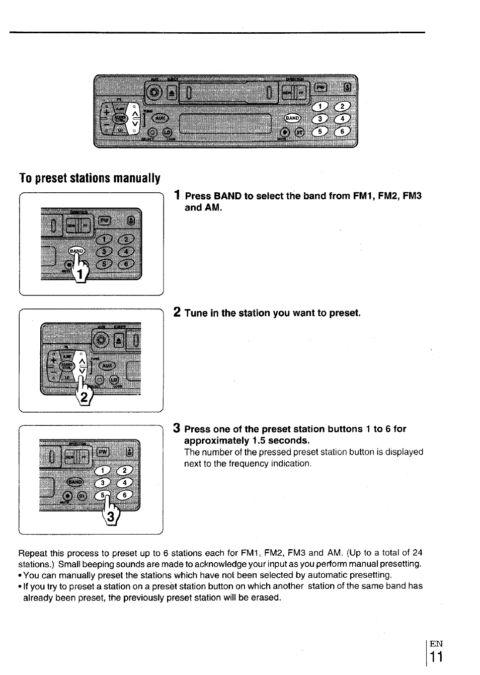 2 tune in the station you want to preset | Aiwa CT-X417 User Manual | Page 11 / 48