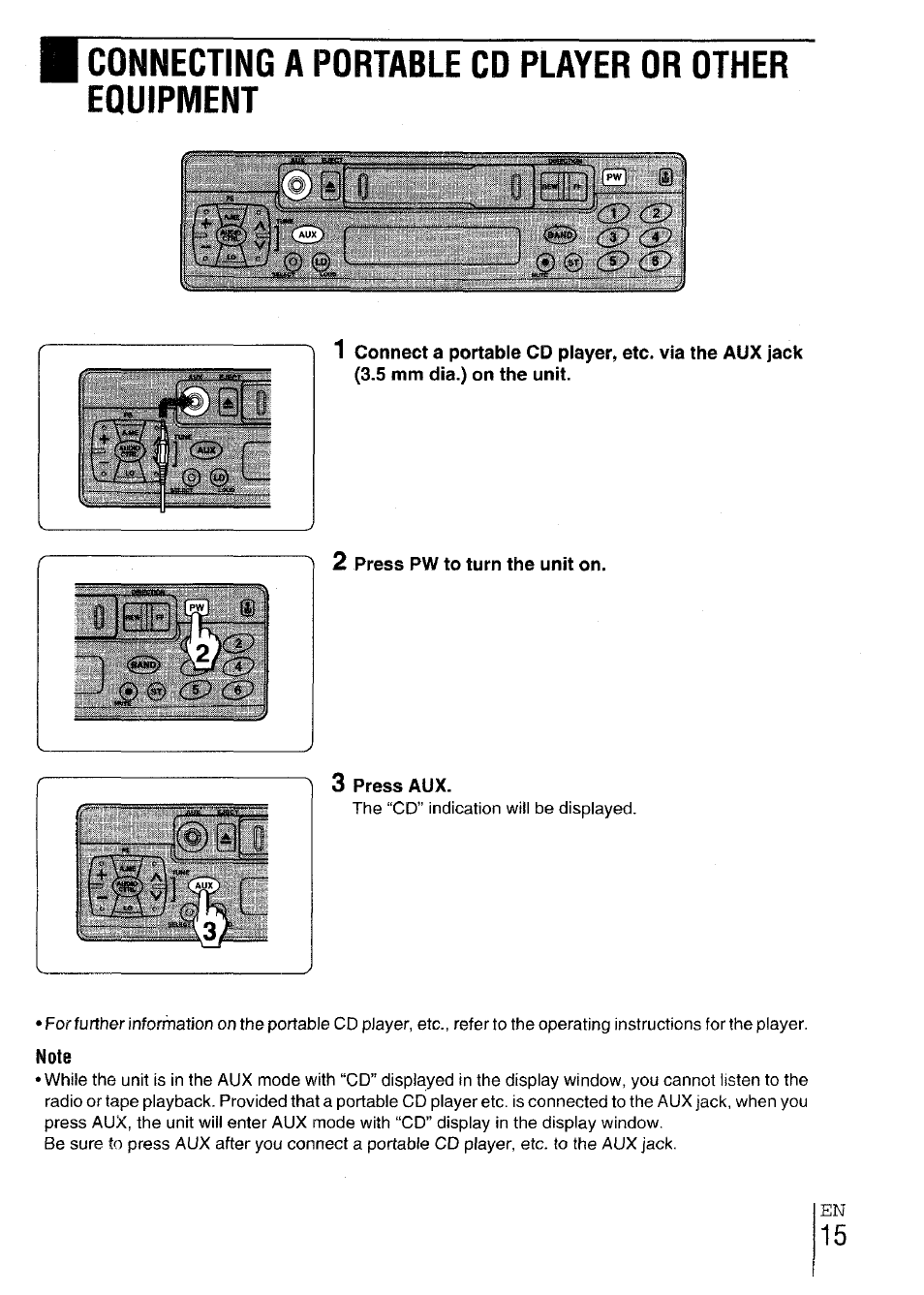 2 press pw to turn the unit on, 3 press aux, Connecting a portable cd player or other eouipment | Cs:> oj | Aiwa CT-X417 User Manual | Page 15 / 48