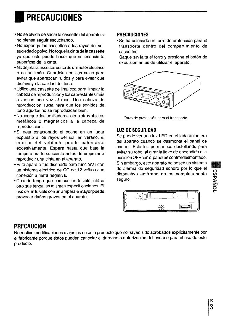 Precauciones, Luz de seguridad, Precaucion | Ranlo oiczd ----°í o jtií. lesaj | Aiwa CT-X417 User Manual | Page 19 / 48