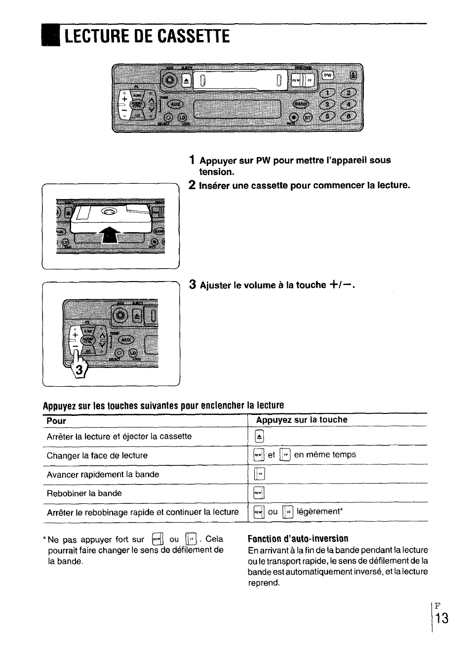 2 insérer une cassette pour commencer la lecture, 3 ajuster le volume à la touche, Fonction d’auto-inversion | Lecture de cassette | Aiwa CT-X417 User Manual | Page 29 / 48
