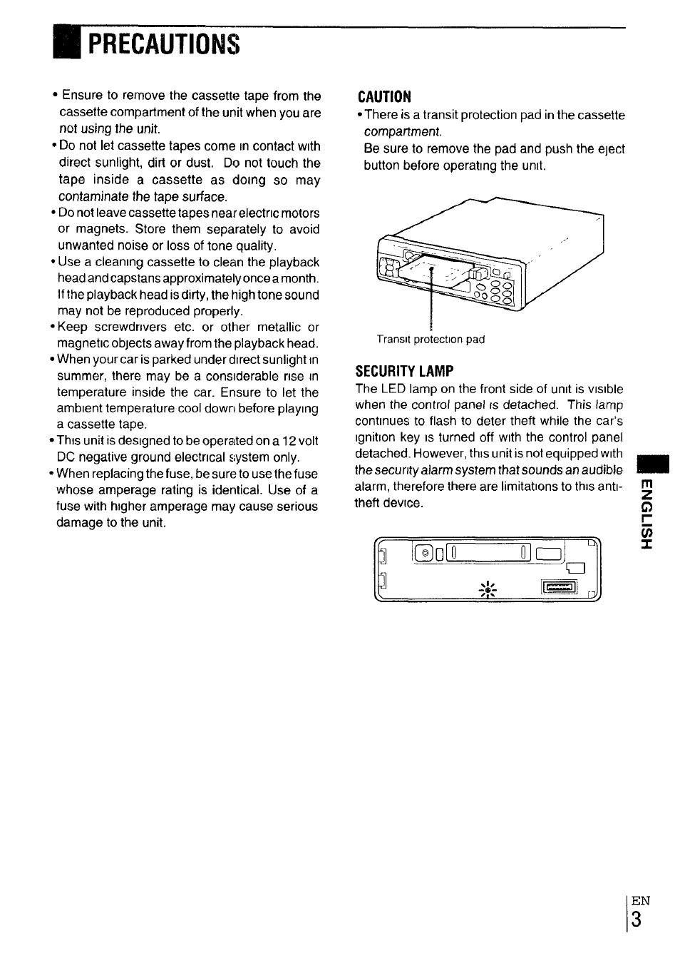 Caution, Security lamp, Precautions | Aiwa CT-X417 User Manual | Page 3 / 48
