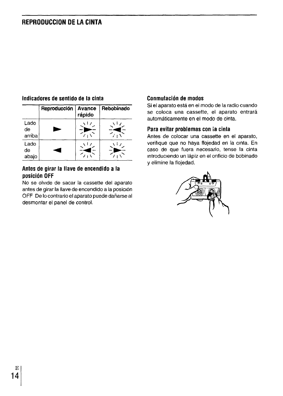 Indicadores de sentido de la cinta, Conmutación de modos, Para evitar problemas con ¡a cinta | Reproduccion de la cinta | Aiwa CT-X417 User Manual | Page 30 / 48