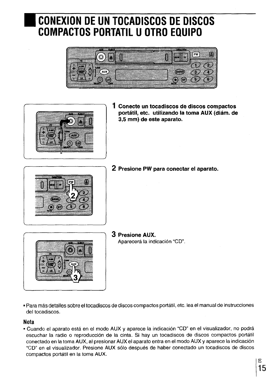 2 presione pw para conectar el aparato, Nota | Aiwa CT-X417 User Manual | Page 31 / 48