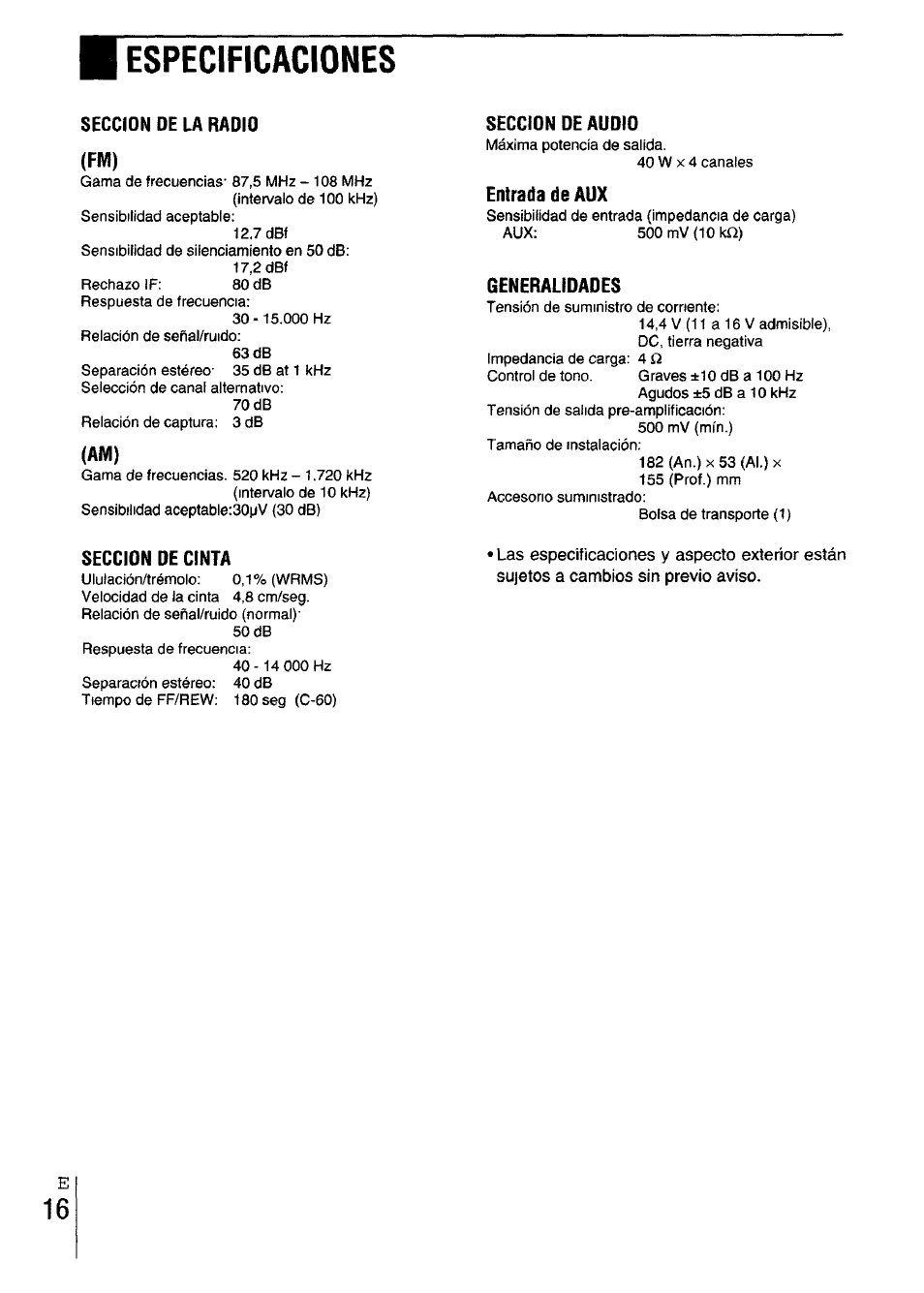 Seccion de la radio (fm), Seccion de audio, Entrada de aux | Generalidades, Seccion de cinta, Especificaciones | Aiwa CT-X417 User Manual | Page 32 / 48