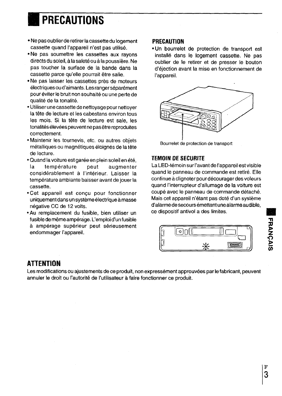 Precaution, Temoin de securite, Precautions | Aiwa CT-X417 User Manual | Page 35 / 48