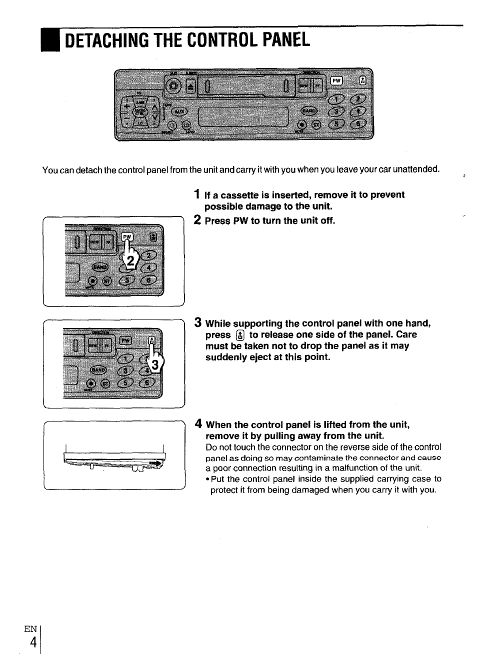 2 press pw to turn the unit off, Detaching the control panel | Aiwa CT-X417 User Manual | Page 4 / 48