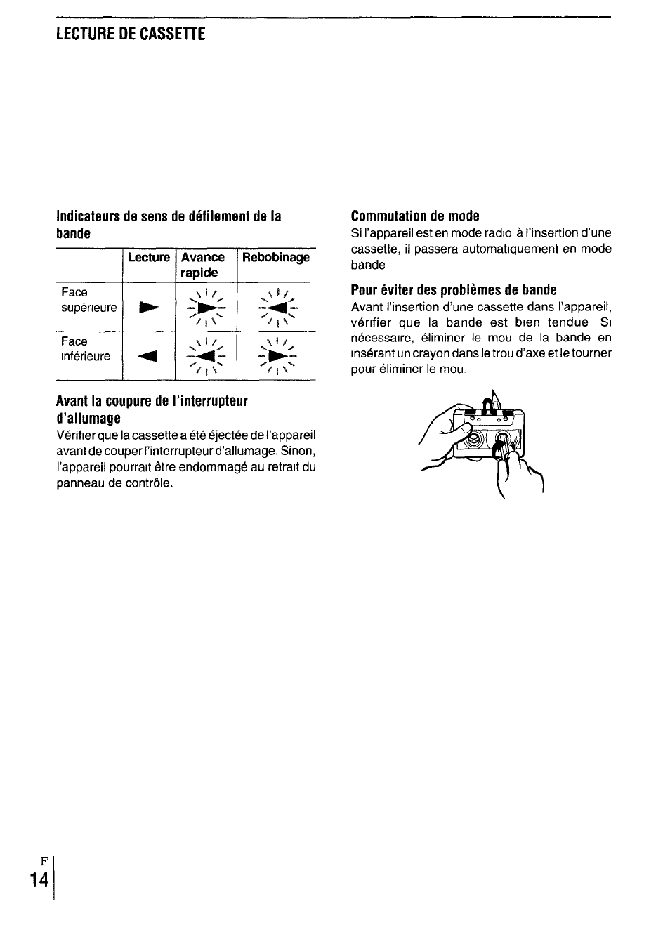 Indicateurs de sens de défilement de la bande, Avant la coupure de l’interrupteur d’allumage, Commutation de mode | Pour éviter des problèmes de bande | Aiwa CT-X417 User Manual | Page 46 / 48