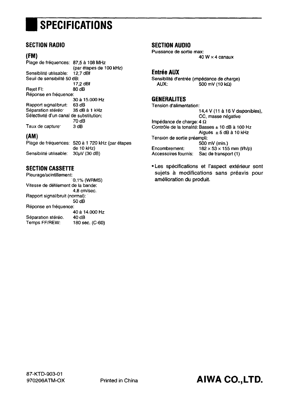 Section radio (fm), Section audio, Entrée aux | Generalites, Section cassehe, Specifications, Aiwa co.,ltd | Aiwa CT-X417 User Manual | Page 48 / 48