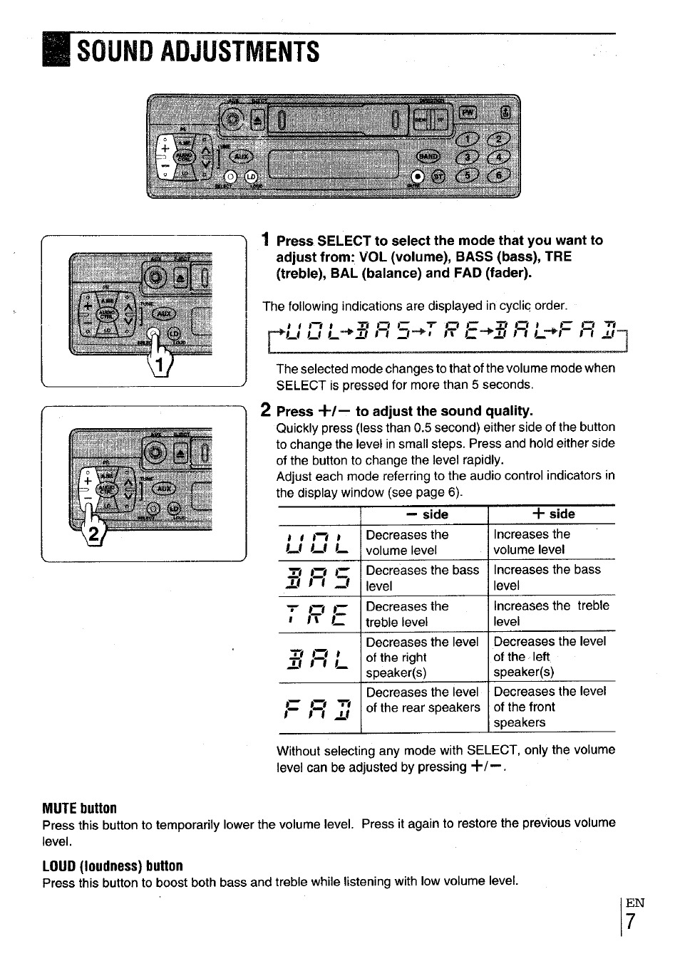 2 press +/— to adjust the sound quality, Mute button, Loud (loudness) button | Sound adjustfvfents | Aiwa CT-X417 User Manual | Page 7 / 48