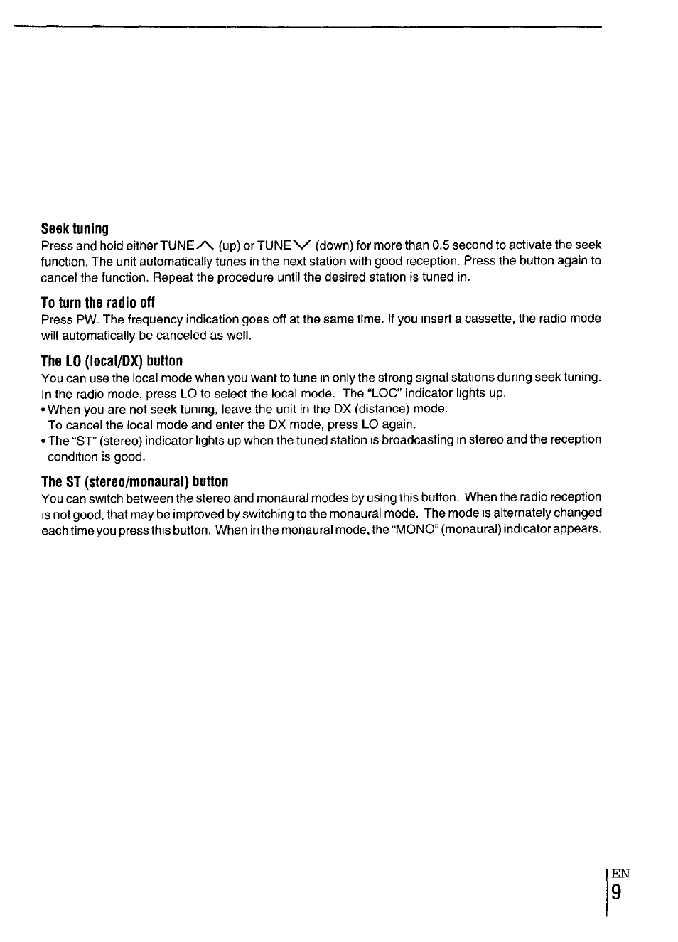 Seek tuning, To turn the radio off, The lo (iocal/dx) button | The st (stereo/monaurai) button | Aiwa CT-X417 User Manual | Page 9 / 48