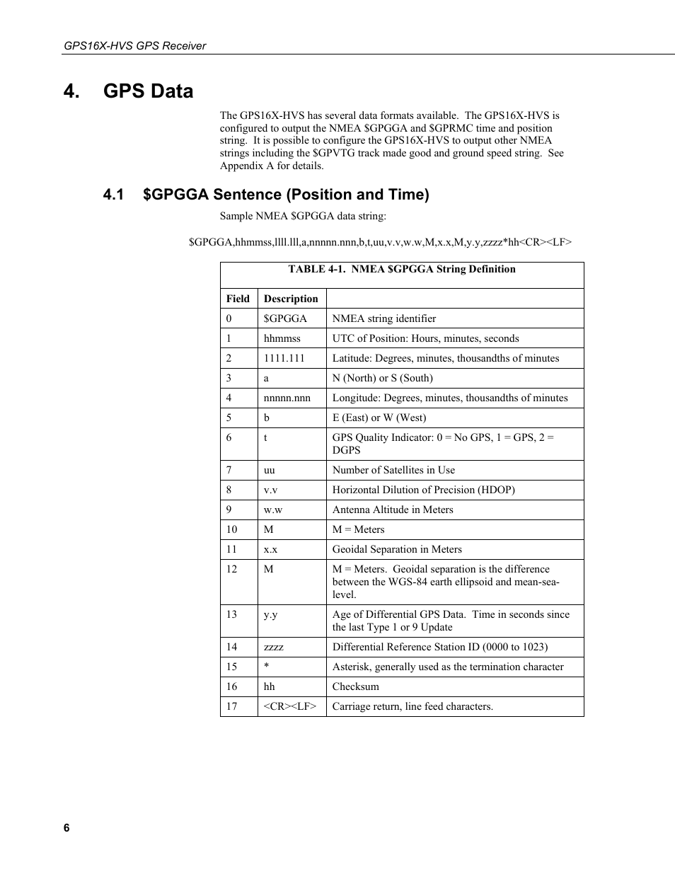 Gps data, 1 $gpgga sentence (position and time), Gpgga sentence (position and time) | 1. nmea $gpgga string definition | Campbell Scientific GPS16X-HVS GPS Receiver User Manual | Page 12 / 38