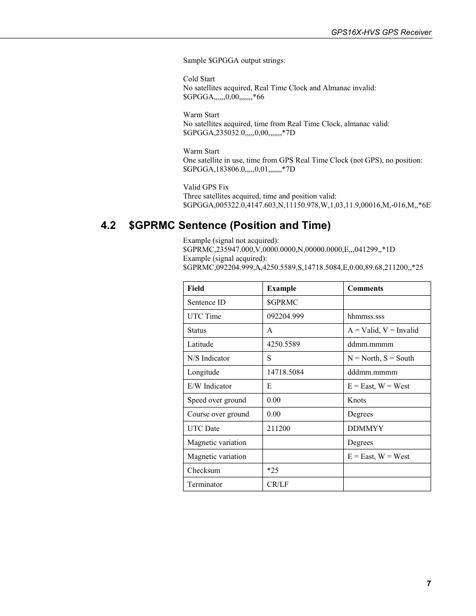 2 $gprmc sentence (position and time), Gprmc sentence (position and time) | Campbell Scientific GPS16X-HVS GPS Receiver User Manual | Page 13 / 38