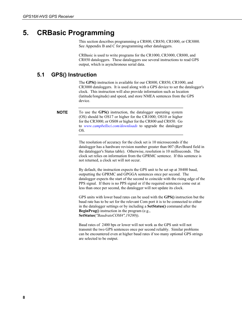 Crbasic programming, 1 gps() instruction, Gps() instruction | Campbell Scientific GPS16X-HVS GPS Receiver User Manual | Page 14 / 38
