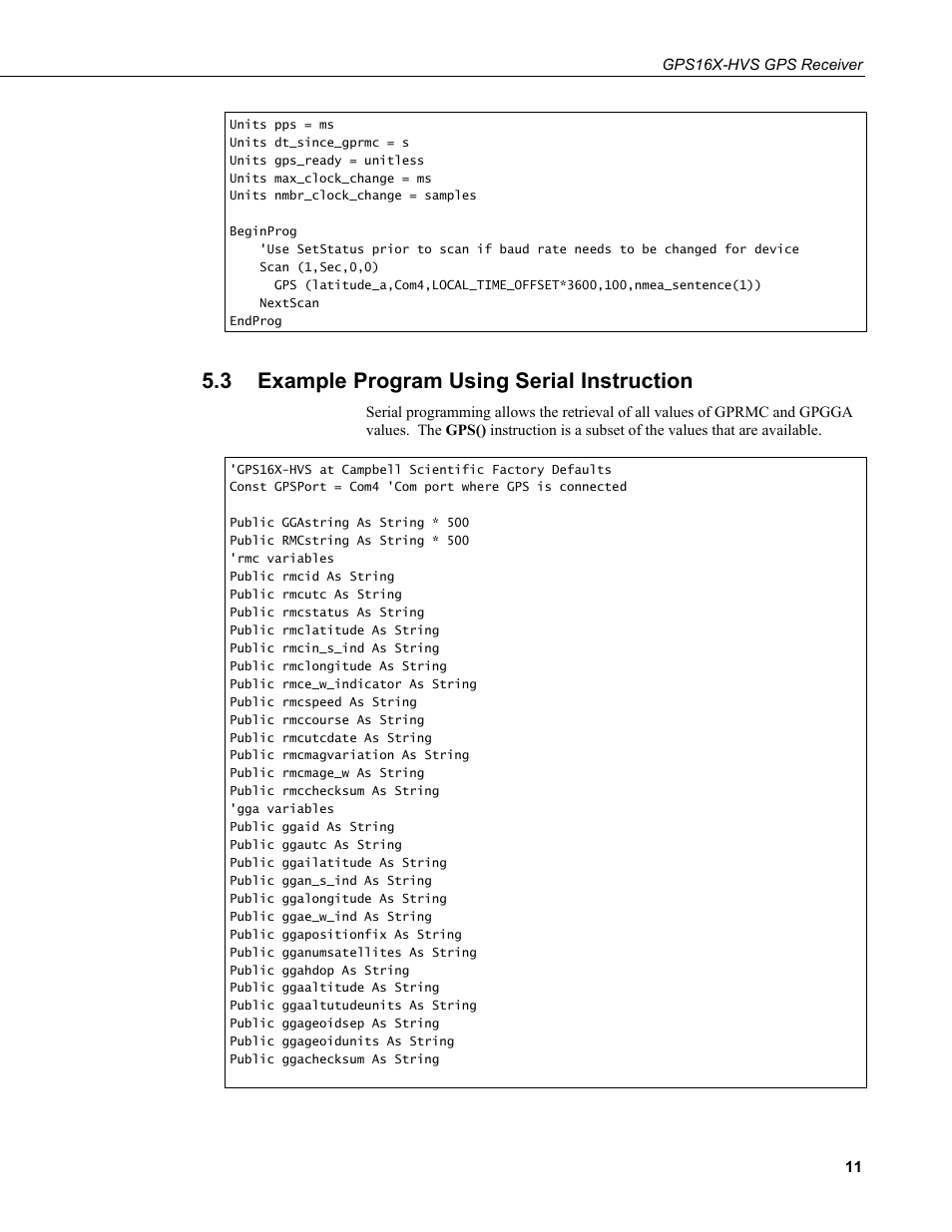 3 example program using serial instruction, Example program using serial instruction | Campbell Scientific GPS16X-HVS GPS Receiver User Manual | Page 17 / 38